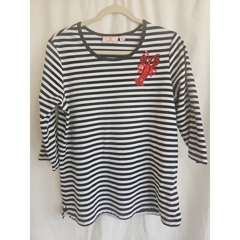Quaker Factory Blouse Black And White Striped With Red Lobster Sequins M